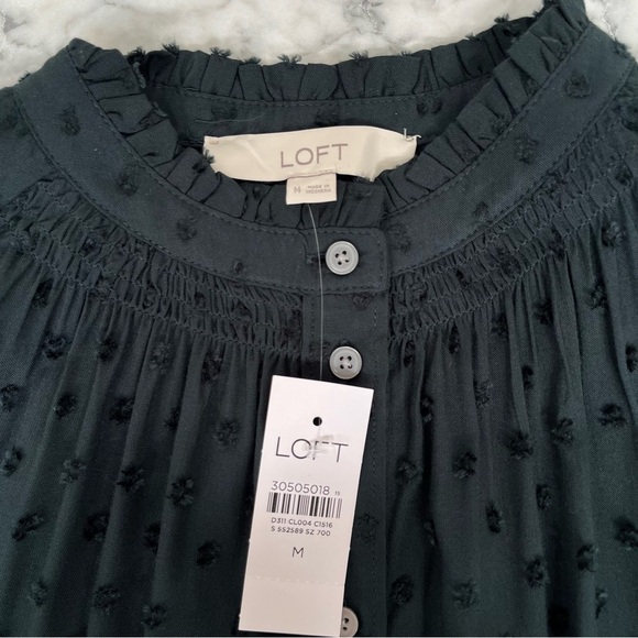 Ann Taylor LOFT Pine Needle Forest Green Ruffle Collar Shirt Swiss Dot Medium - Picture 7 of 8